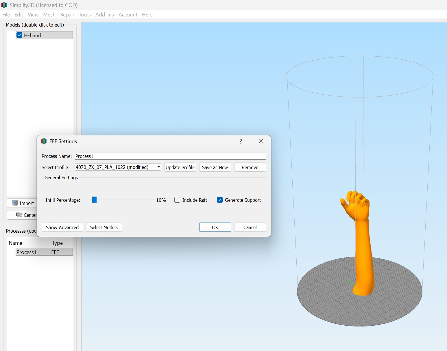 Configuring the FFF process settings dialogue box in Simplify3D for the WASP printer